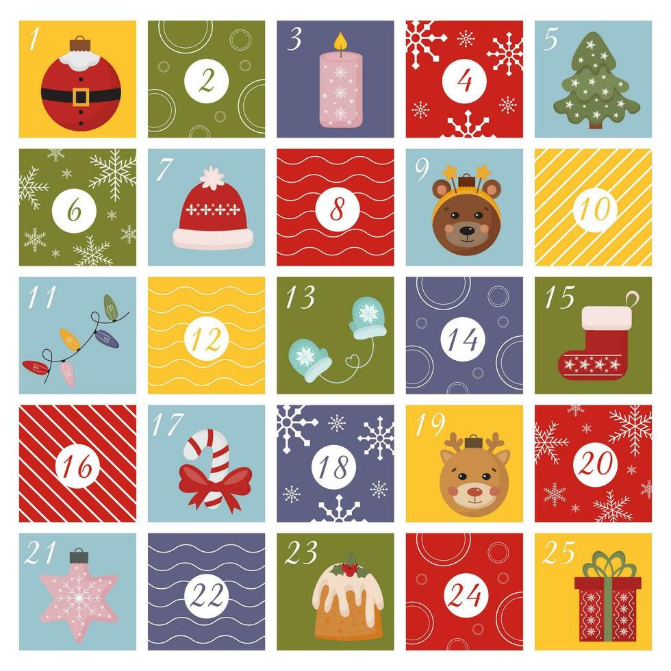 Printable Christmas advent calendar for kids with numbers winter holiday elements. Advent stickers, gift tags, holiday decoration. Christmas countdown. Vector elements.