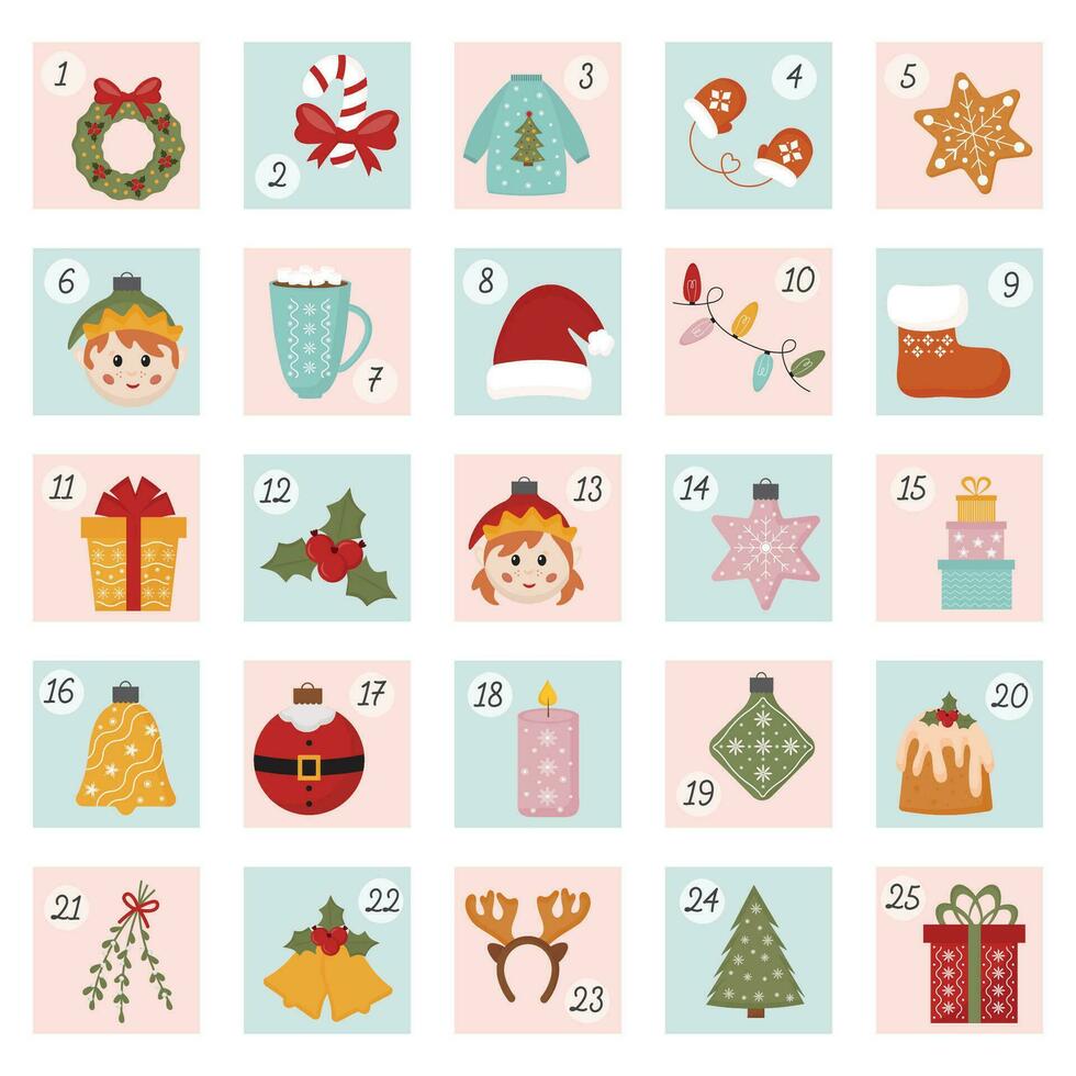 Navidad adviento calendario para niños con números invierno fiesta elementos y decoraciones en pastel colores. imprimible adviento pegatinas, regalo etiquetas Navidad cuenta regresiva. vector