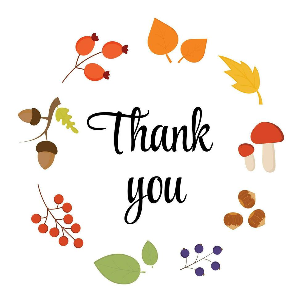 Thank you sticker, tag, budge with seasonal vector autumn frame with leaves, berries, mushrooms and hand drawn calligraphy lettering. Appreciation fall tag for cookies. Thanksgiving day round label.