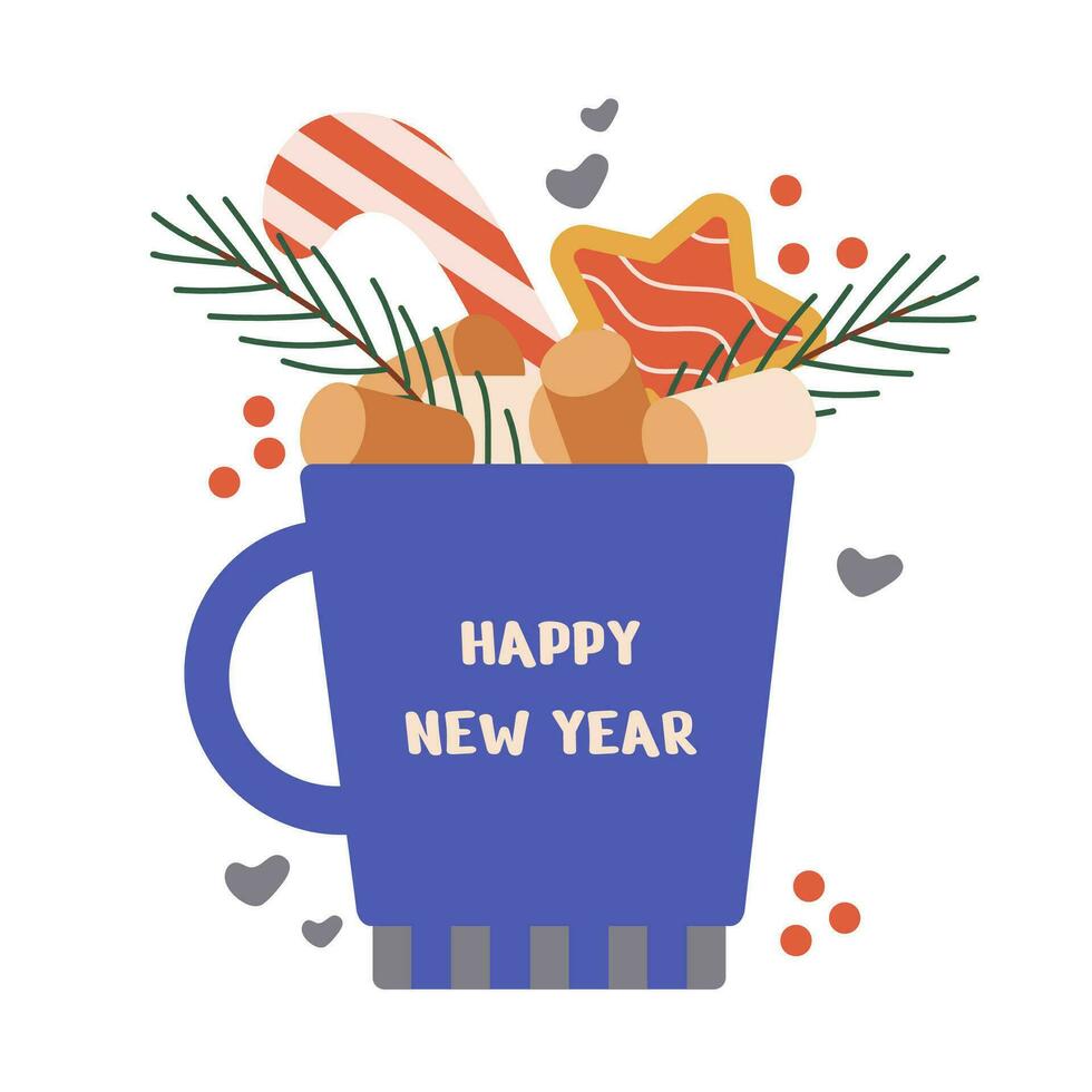 Happy new year and Merry Christmas greeting card with a cup and elements, cream, twigs, cookies, Christmas tree. vector