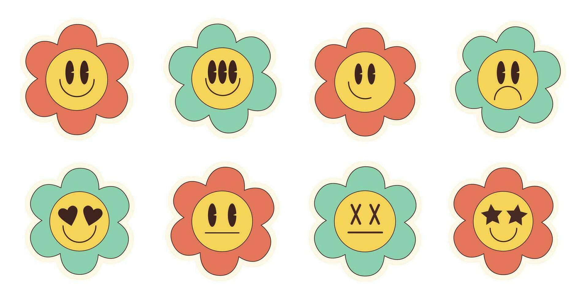 conjunto de maravilloso flor emoji en trippy estilo. contento margarita con ojos y sonrisa. vector