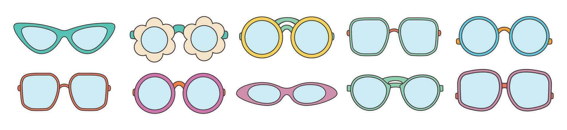 Set of glasses. Vintage doodle sunglasses. vector
