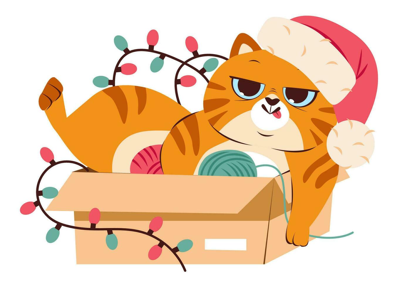 Cute playful Christmas cat. A cat in a festive costume. Cartoon flat vector illustration.