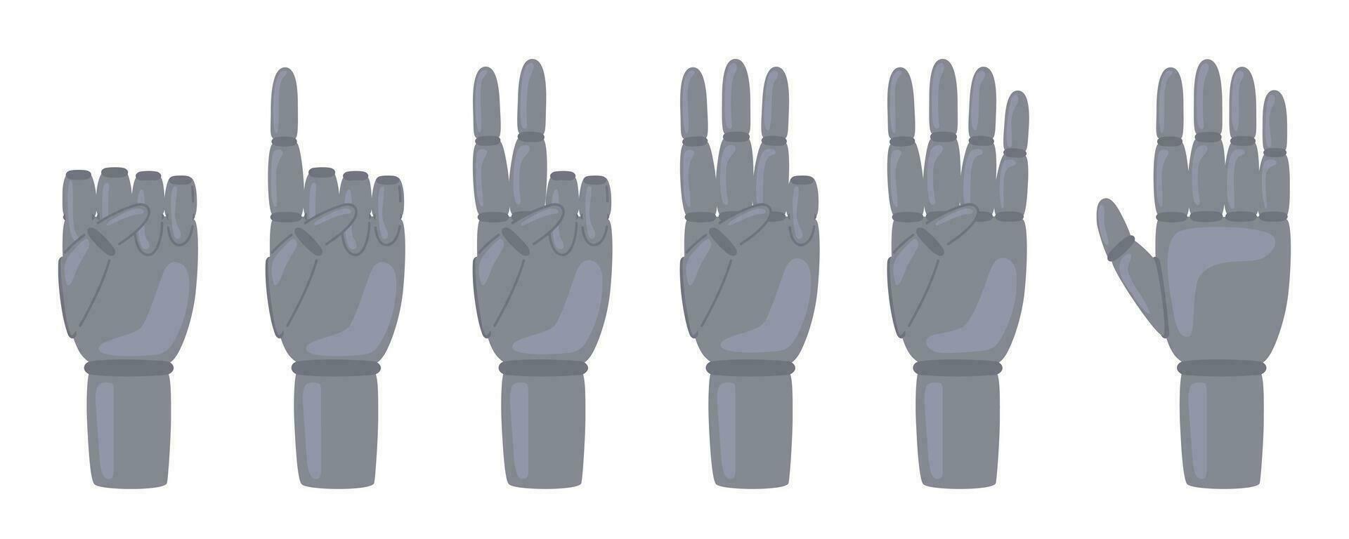 Set robot hands gestures counting number zero, one, two, three, four, five. Vector illustration in doodle style