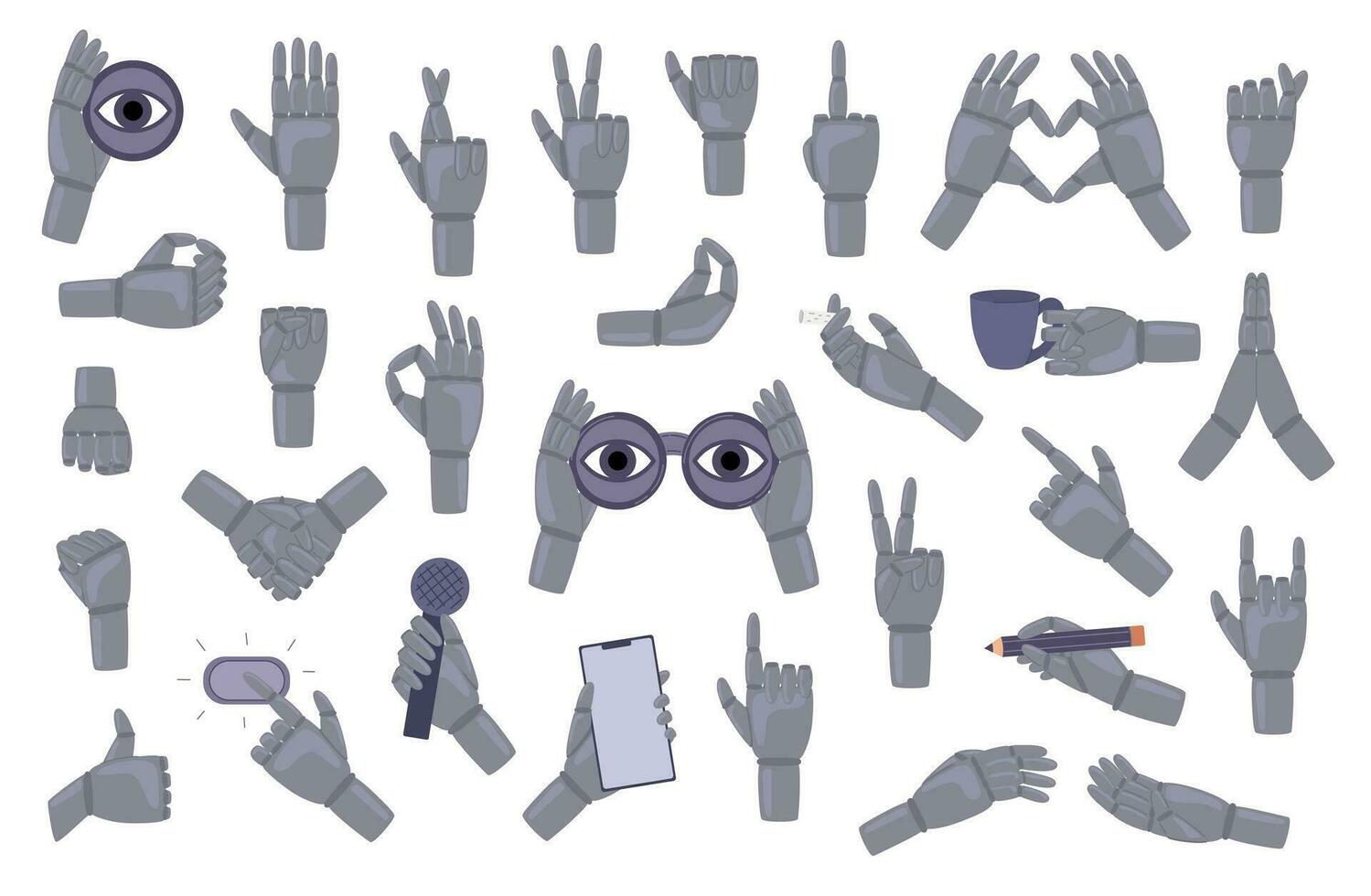 Big set Robot hands gestures. Robotic arm point, hold and handshake, Signs, expressions with pointing fingers, clenched fists, greeting palms, showing peace, heart. Vector illustration in doodle style