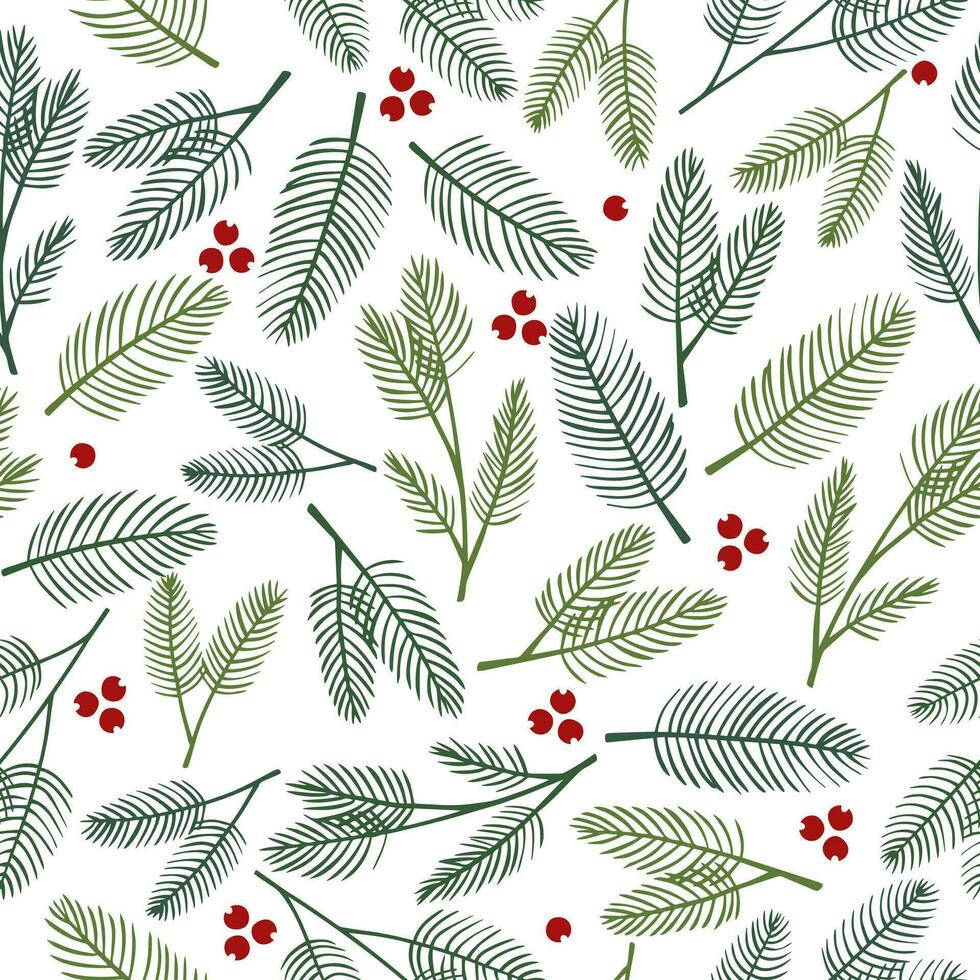 Seamless pine twigs and red berries sketch. Christmas and New Year decoration vector