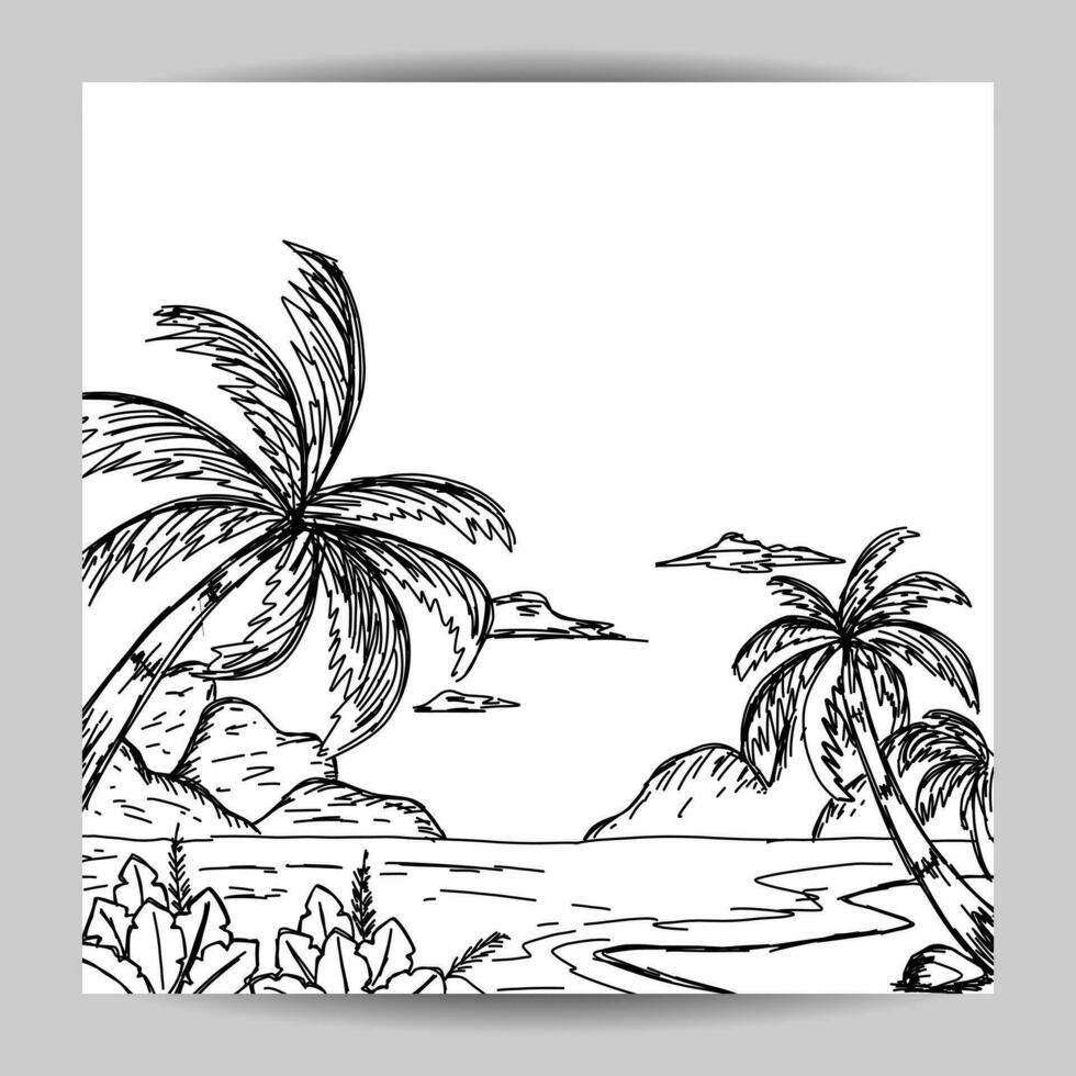 beach scene illustration sketch design with black hand drawn lines vector