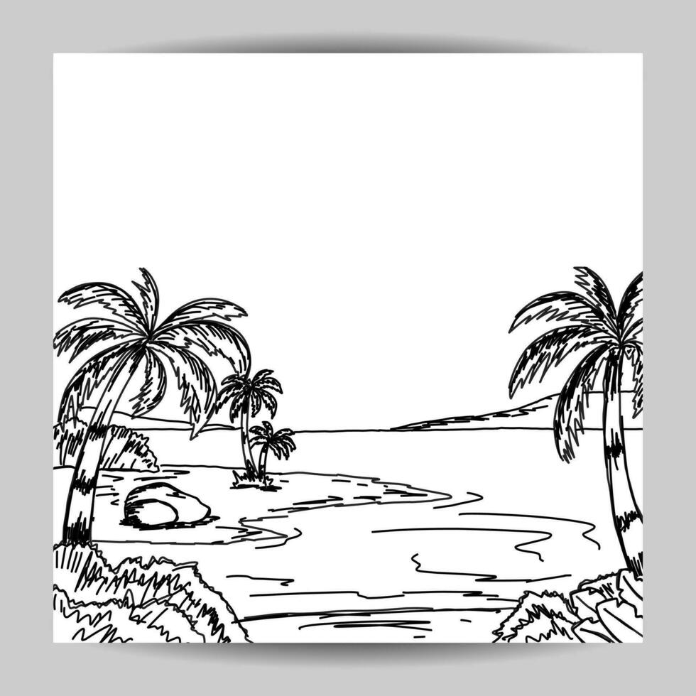 beach scene illustration sketch design with black hand drawn lines vector