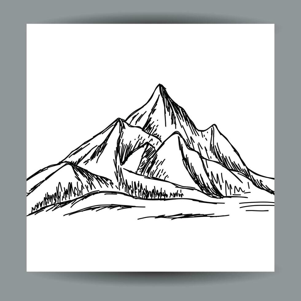 mountain view illustration design template, with a black outline hand drawn style vector