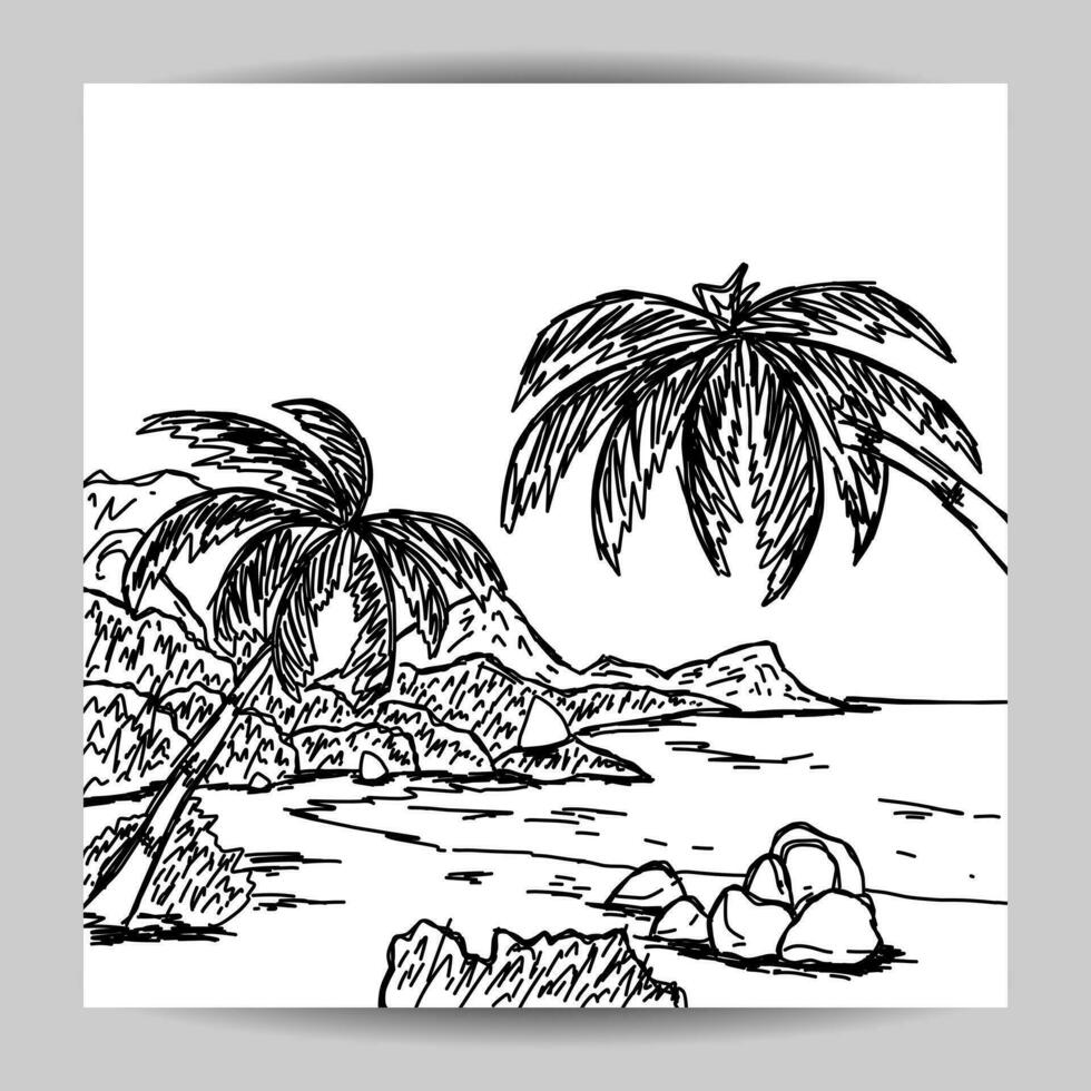 playa escena ilustración bosquejo plantilla, con mano dibujado estilo y negro contorno vector
