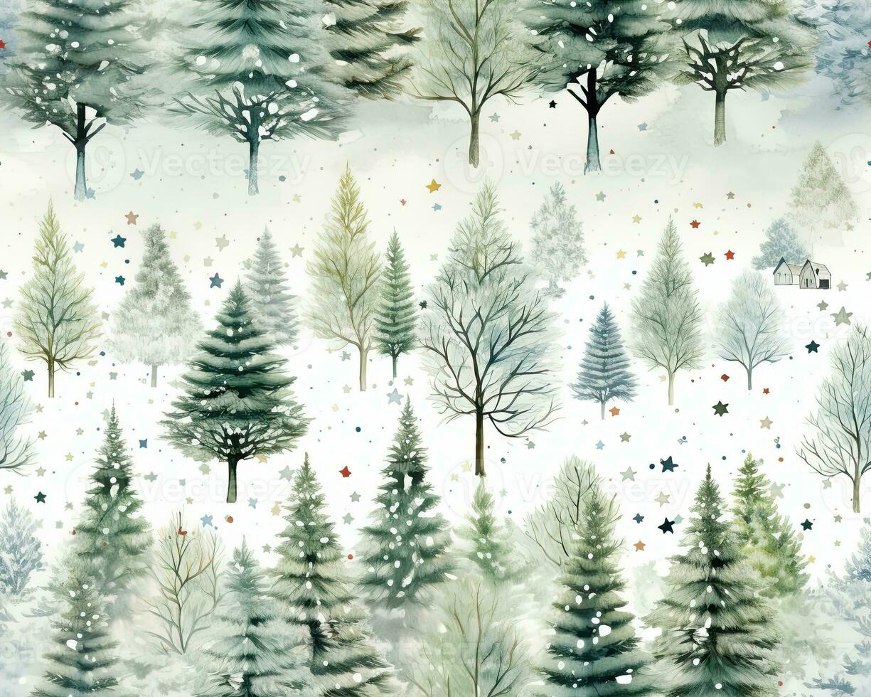 Watercolor Winter Trees Pattern. Elegant Seasonal Background for Holiday Decor and Christmas Cards. photo