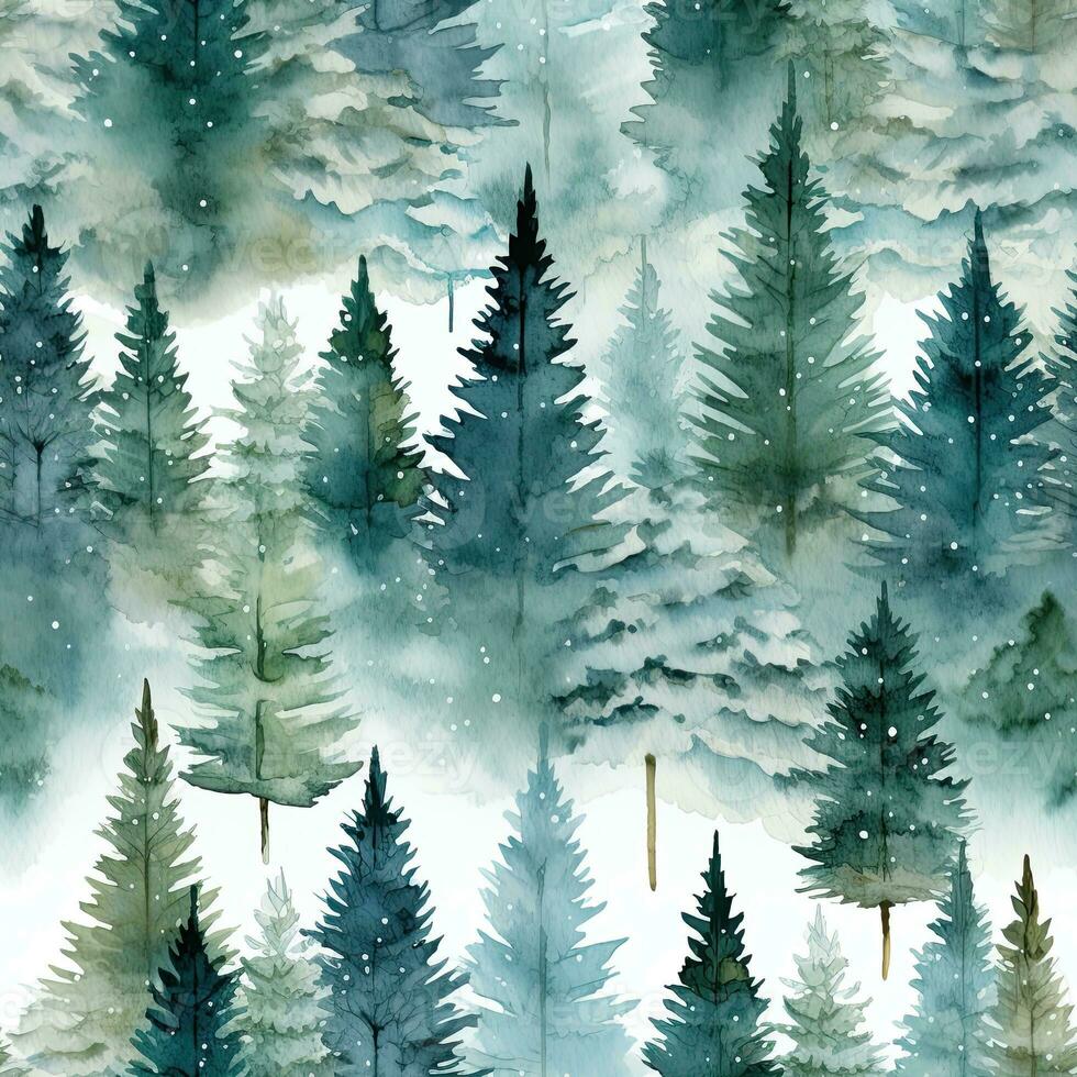 Watercolor Winter Trees Pattern. Elegant Seasonal Background for Holiday Decor and Christmas Cards. photo