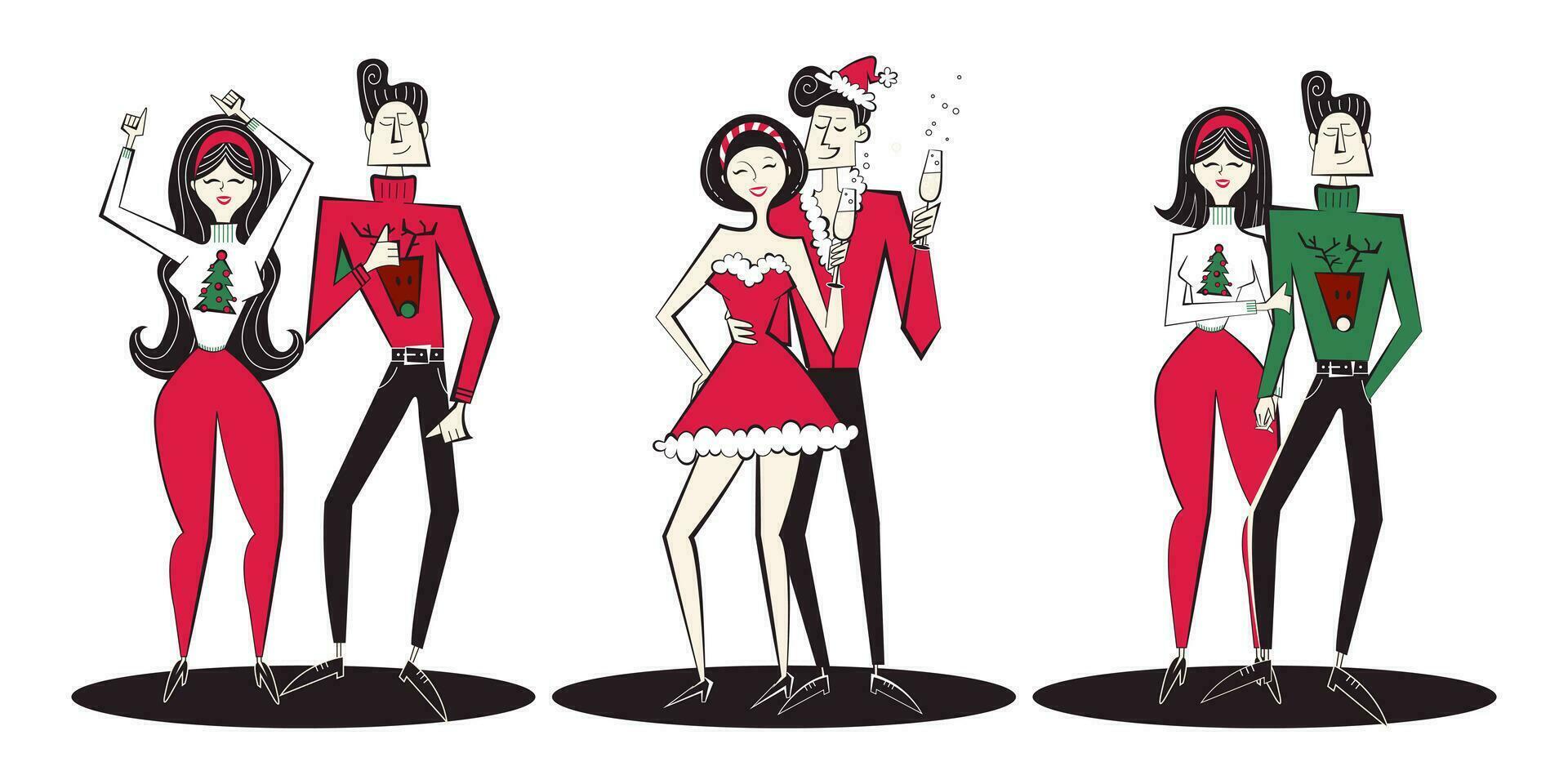 Christmas set of three dancing couple characters in retro style. Vector illustration of disco dancers.