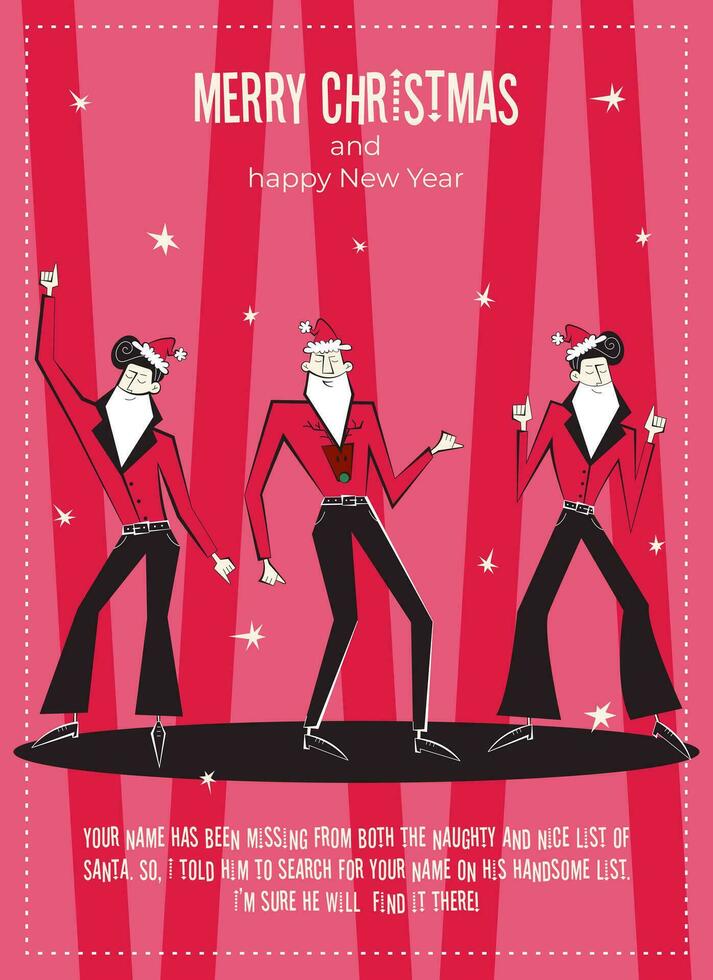 Merry Christmas and happy New Year greeting card. 60s-70s retro style poster with Christmas wishes text. Three Santa Claus characters in red traditional costumes and hats dancing disco. vector