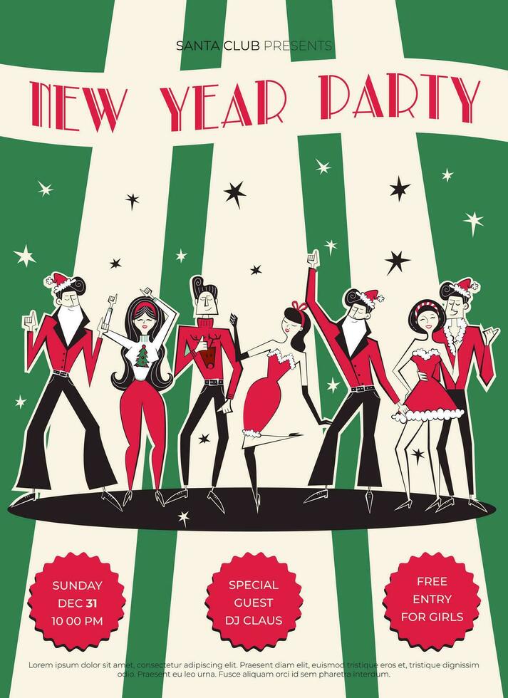 Night club retro New Year party invitation. 60s - 70s disco style Christmas poster. Vector illustration with dancing people in red Christmas clothing.