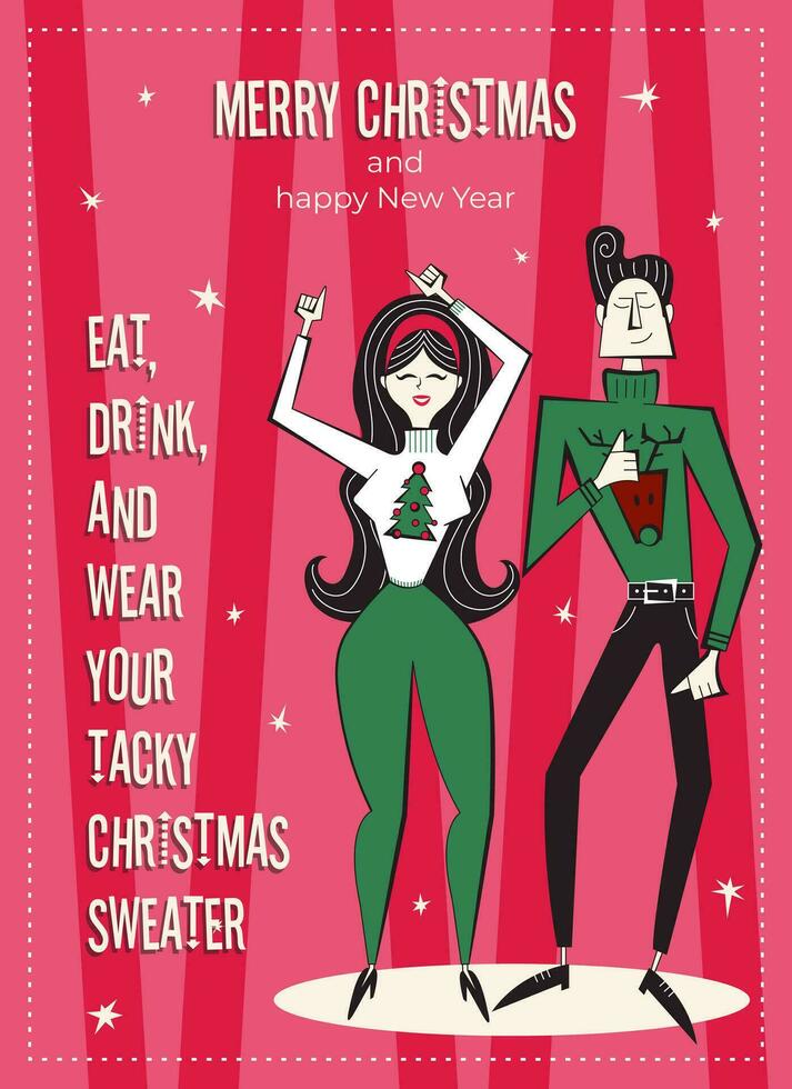 Merry Christmas and happy New Year greeting card. 60s-70s retro style poster with Christmas wishes text. Woman and man couple characters dancing in Ugly sweaters. vector