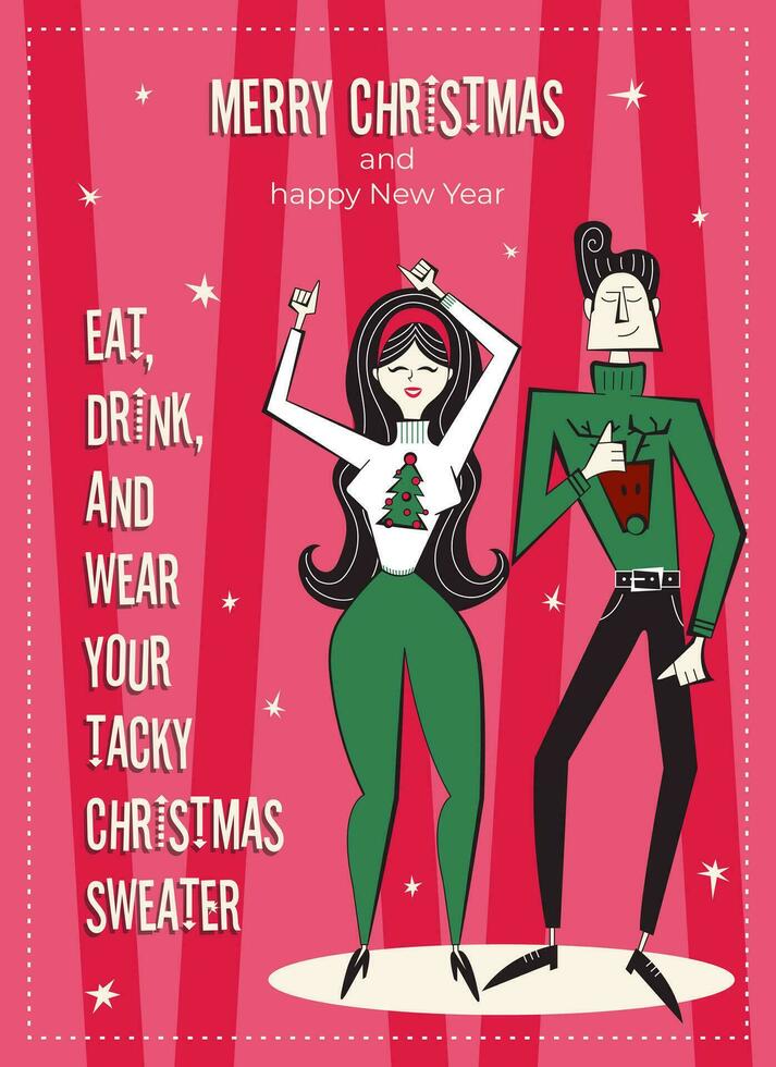 alegre Navidad y contento nuevo año saludo tarjeta. años 60-70 retro estilo póster con Navidad deseos texto. mujer y hombre Pareja caracteres bailando en feo suéteres vector