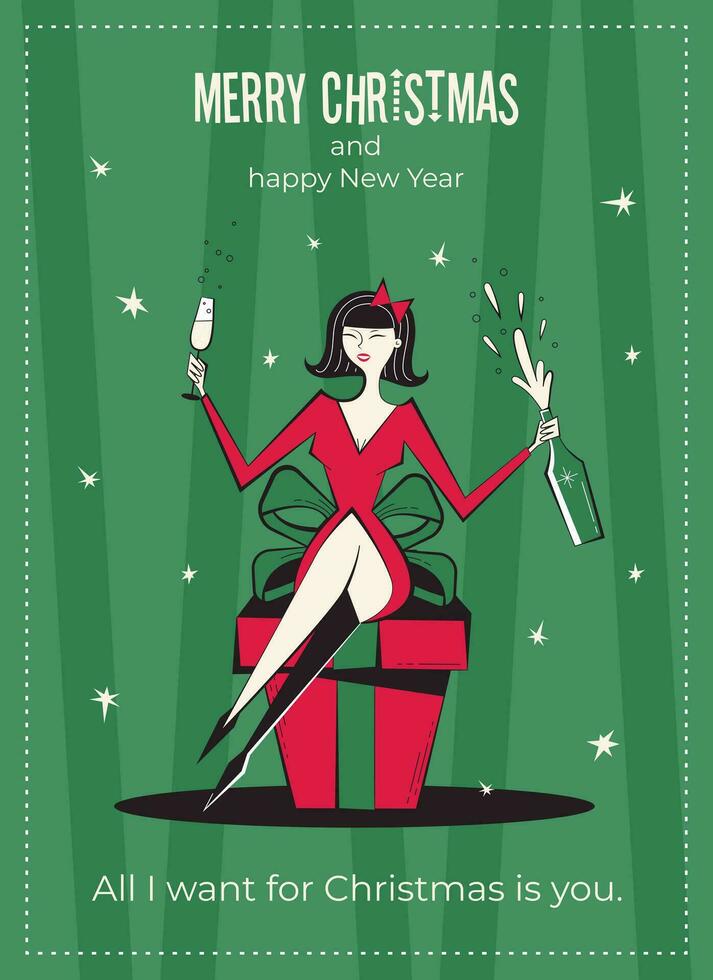 alegre Navidad y contento nuevo año saludo tarjeta. años 60-70 retro estilo póster con Navidad deseos texto. mujer caracteres en rojo vestido, con champán, sentado en un regalo caja. vector