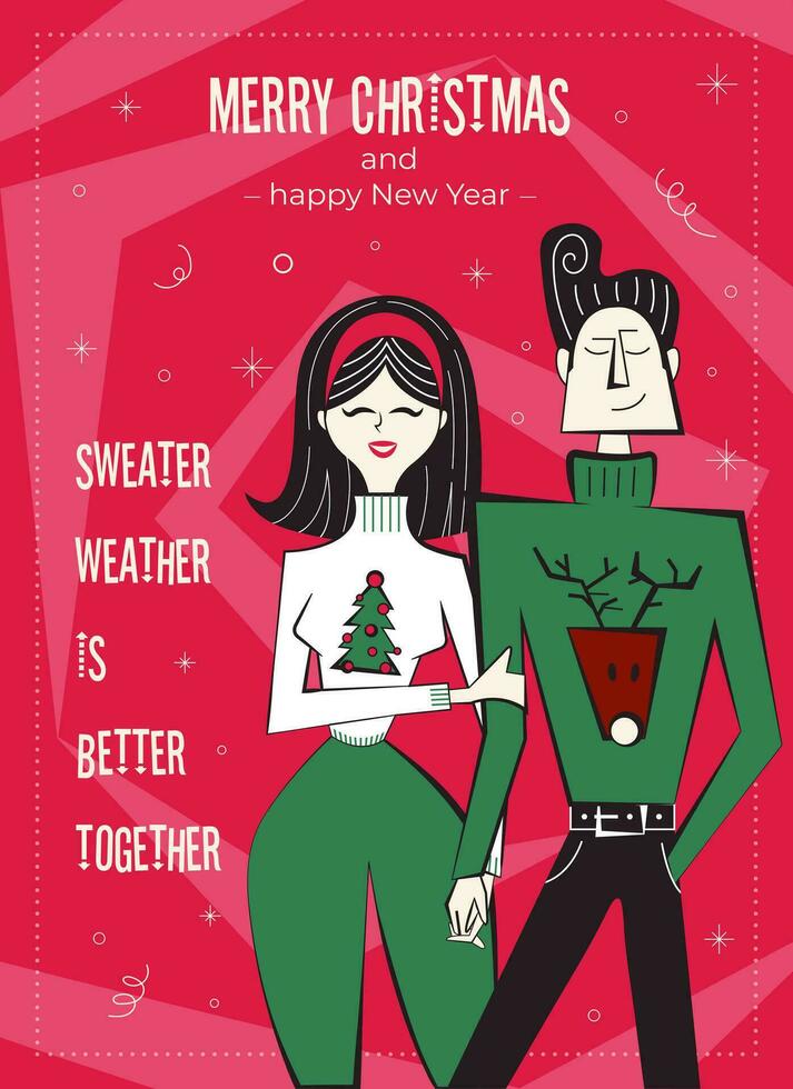 Merry Christmas and happy New Year greeting card. 60s-70s retro style poster with Christmas wishes text. Woman and man couple characters in ugly sweaters, holding hands. vector