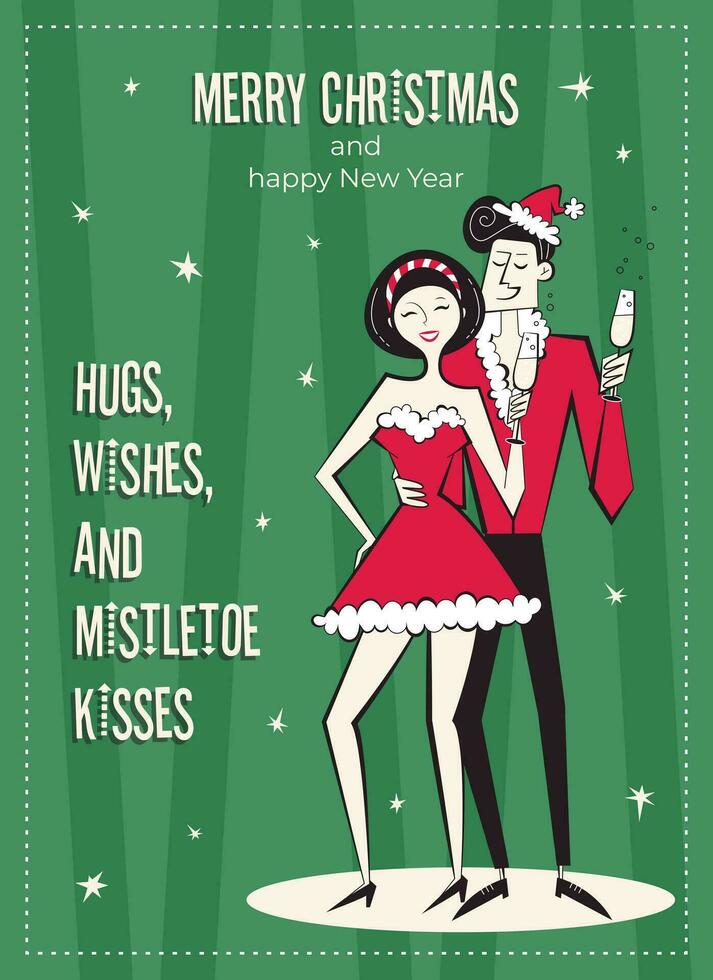 Merry Christmas and happy New Year greeting card. 60s-70s retro style poster with Christmas wishes text. Woman and man couple characters in red traditional costume, man in Santa Claus hat. vector