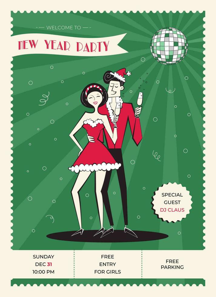 Night club retro New year party invitation. 60s - 70s style New year poster with couple with champagne. Christmas invitation with woman in red dress and man in Santa's hat. vector