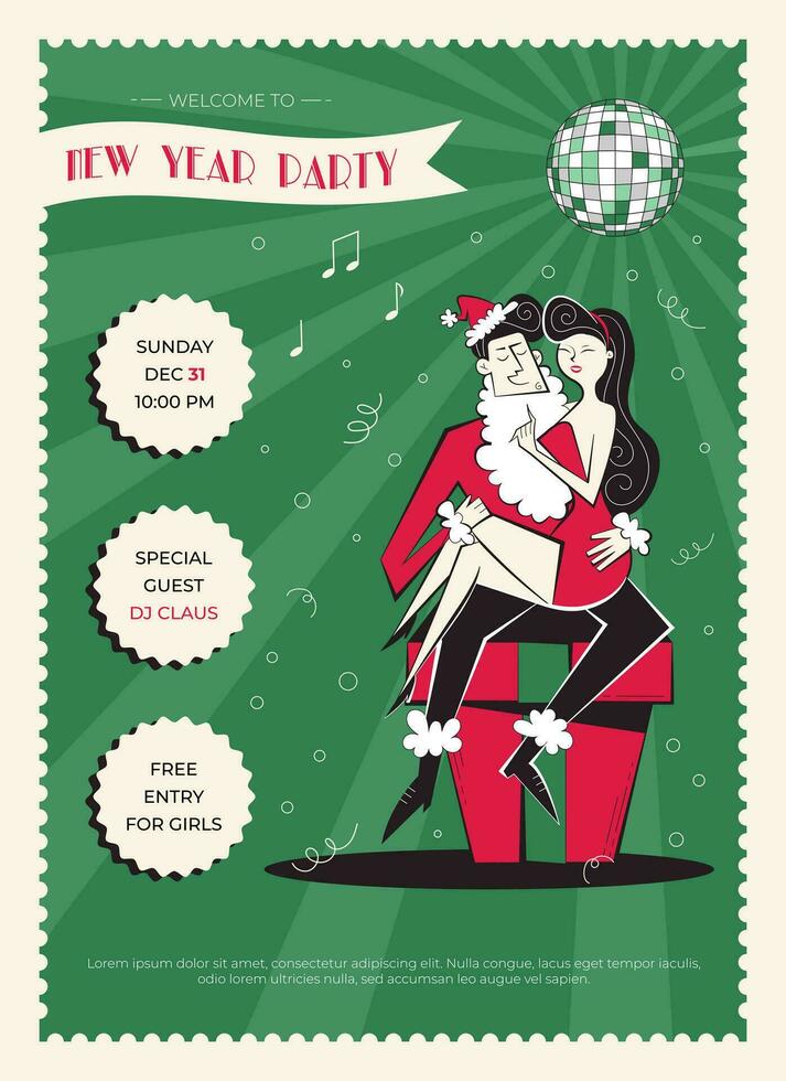 Night club retro New year party invitation. 60s - 70s style New year poster with couple. Christmas vector illustration with woman in red dress and Santa Claus.