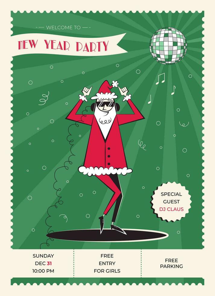 Night club retro New Year party invitation. 60s - 70s disco style Christmas poster with dancing Santa Claus in headphones. vector