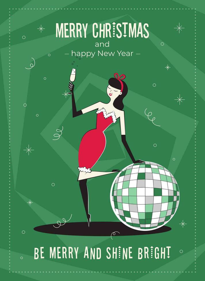 Merry Christmas and happy New Year greeting card. 60s-70s retro style poster with Christmas wishes text. Woman characters in red dress, holding champagne glass, with disco ball. vector