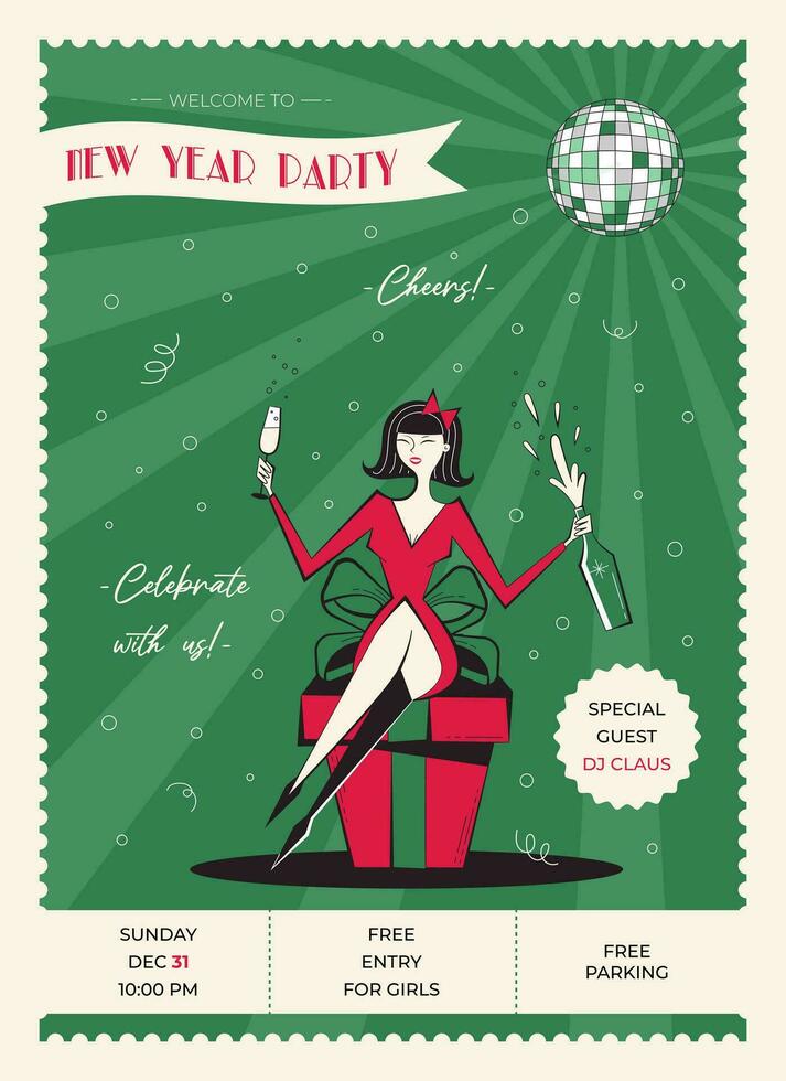 Night club retro New Year party invitation. New year poster in vintage style. 60s - 70s style Christmas poster with woman character in red coctail dress with champagne sitting on a gift. vector