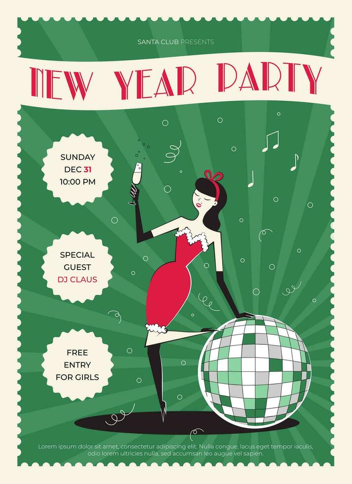 noche club retro nuevo año fiesta invitación. nuevo año póster en Clásico estilo.60s - 70s estilo Navidad póster con mujer personaje en rojo cóctel vestir con champán. vector