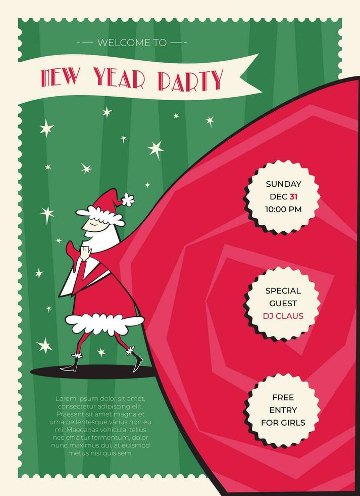 Night club retro New Year party invitation. 60s - 70s disco style Christmas poster with Santa Claus with large gift bag. vector