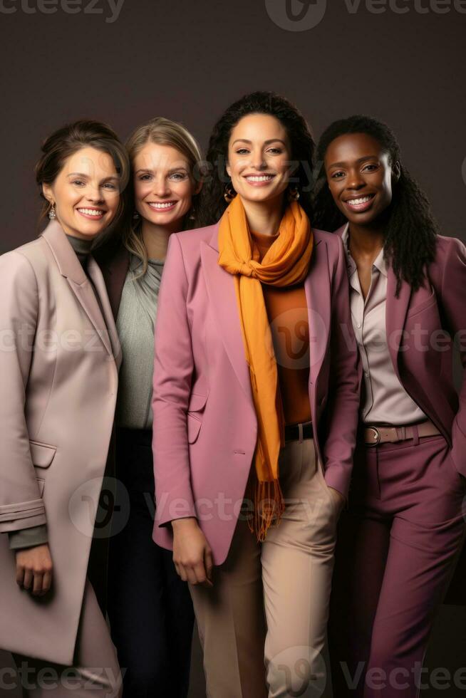 Leaders from various cultures navigating power positions showcased in lavender maroon and beige tones photo