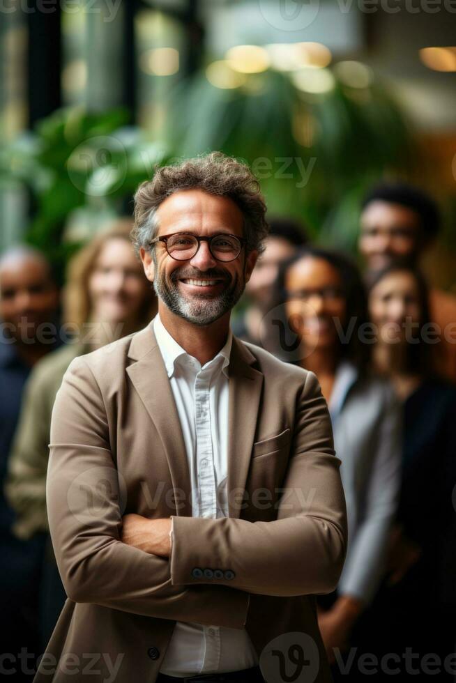 Mentor guiding diverse team comfortable office setting background with empty space for text photo