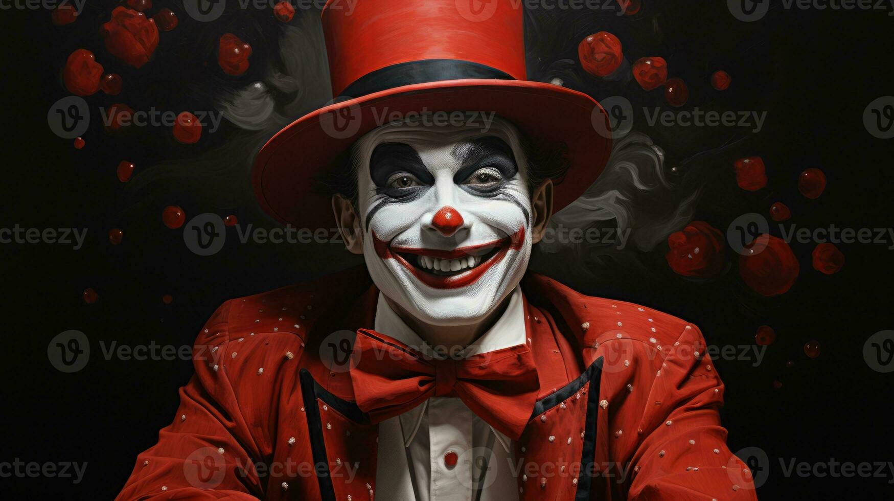 Classic clown portraiture rich in jovial red mysterious black and pristine white photo