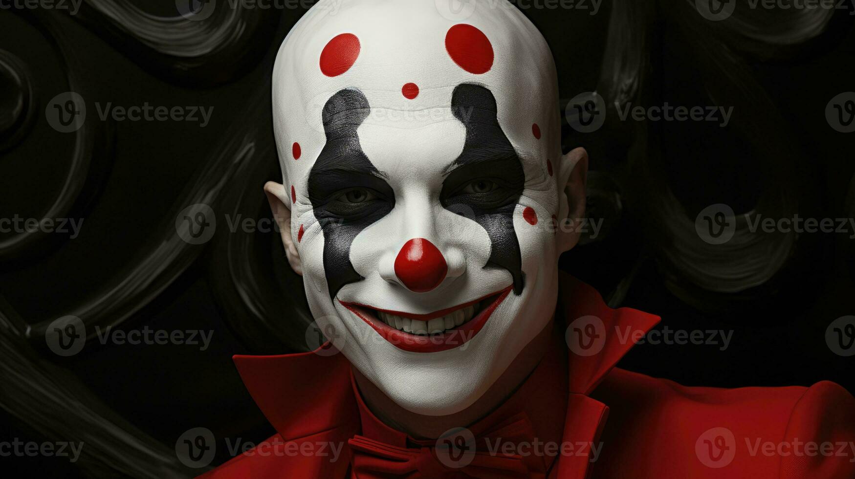 Classic clown portraiture rich in jovial red mysterious black and pristine white photo