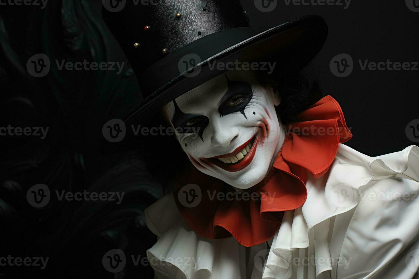 Classic clown portraiture rich in jovial red mysterious black and pristine white photo