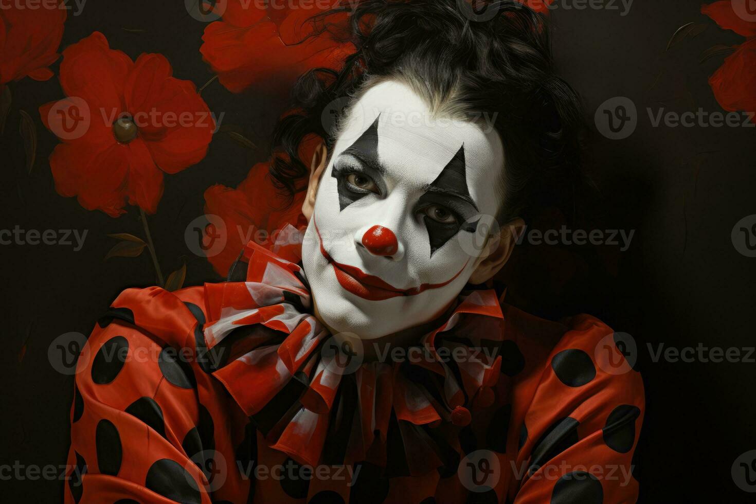 Classic clown portraiture rich in jovial red mysterious black and pristine white photo