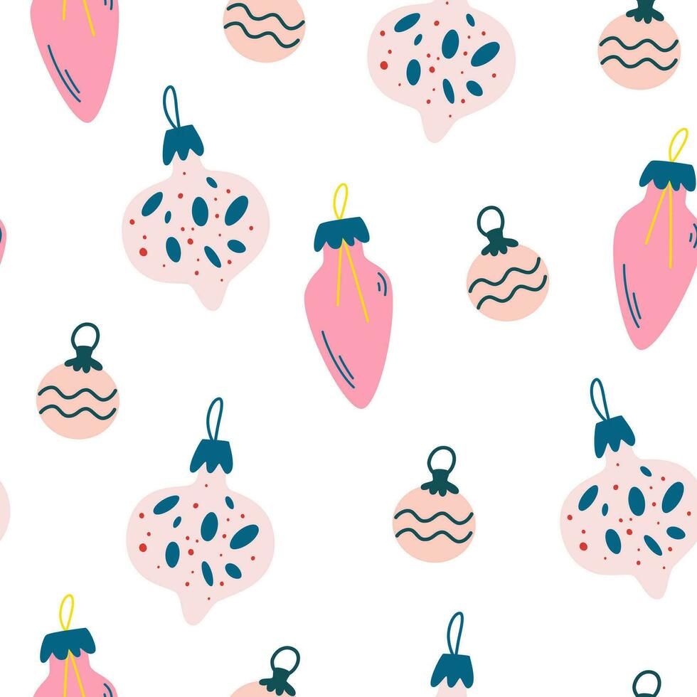 Christmas tree toys and decorations for winter holidays. Cozy winter texture for gifts, wrapping paper and others. Hand drawn pattern. Christmas texture for print, wrapping paper, design, fabric vector