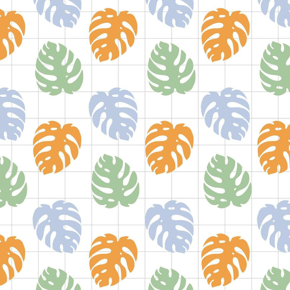 Seamless pattern with monstera leaves and grid lines. Vector illustration