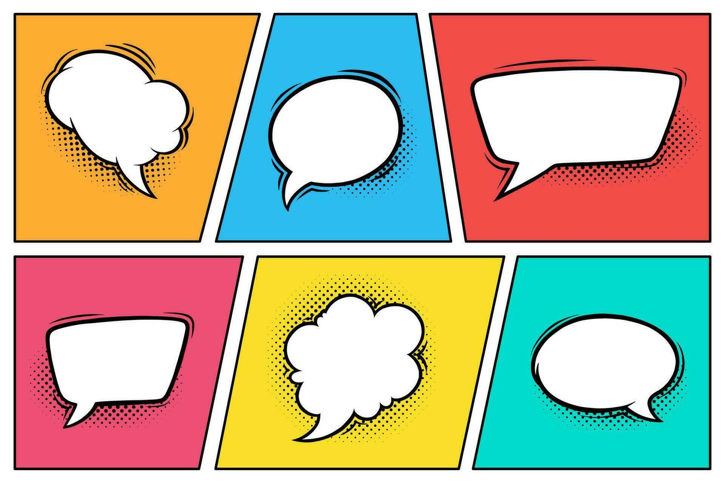 Comic speech bubbles with halftone shadows. Set of speech boxes isolated in colorful background. Vector illustration