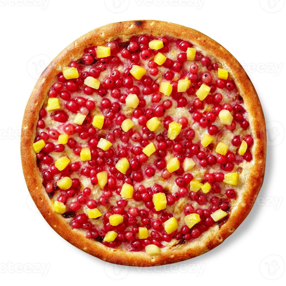 Sweet pizza with condensed milk, mozzarella, red currant berries, pineapple isolated on white photo