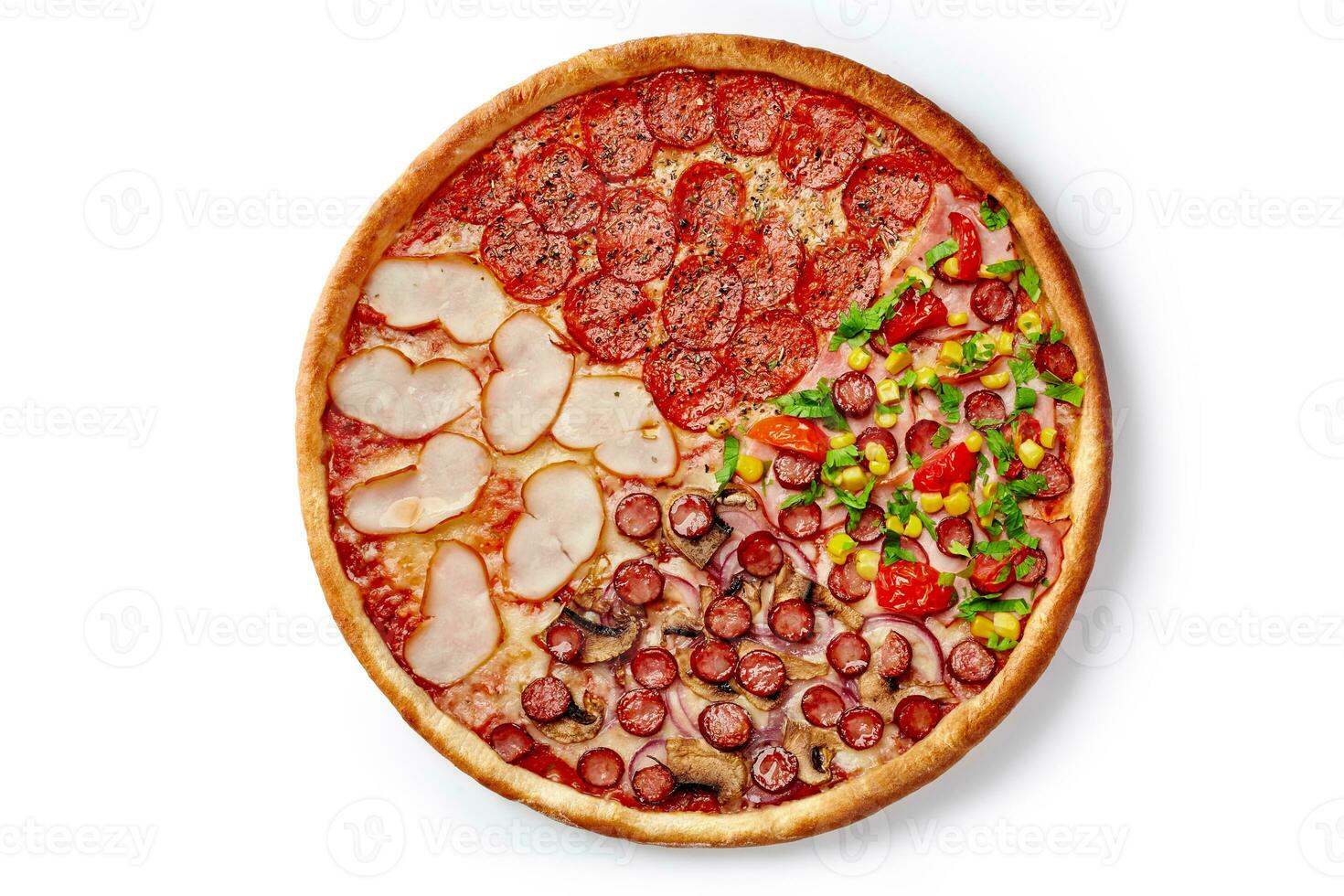 Pizza with four types of toppings of mozzarella, pepperoni, smoked chicken, hunting sausages, ham, mushrooms, corn, tomatoes photo