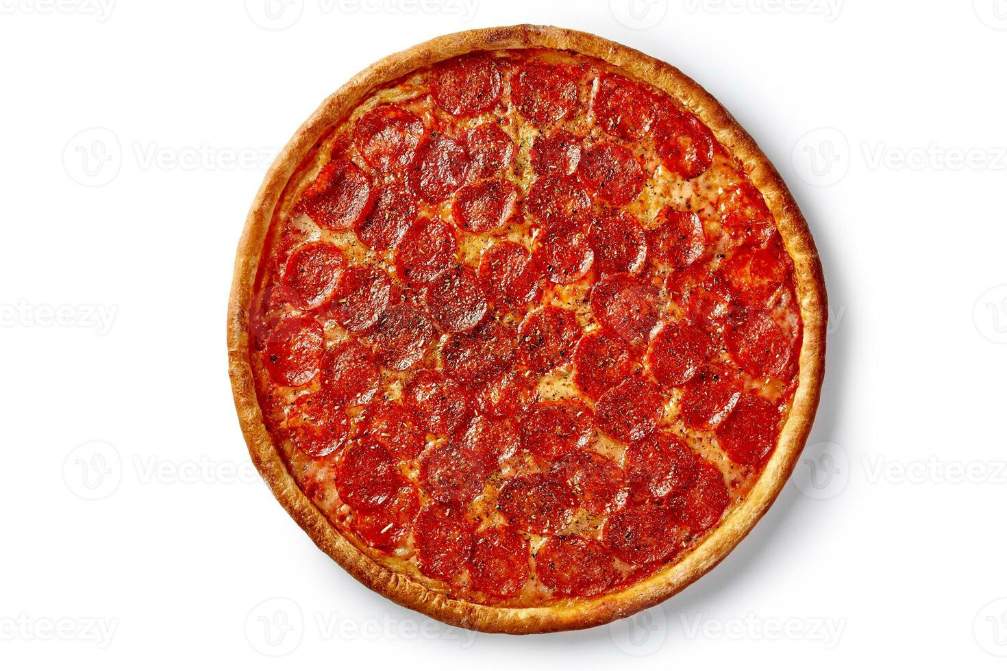 Top view of pizza with thin slices of pepperoni isolated on white background photo