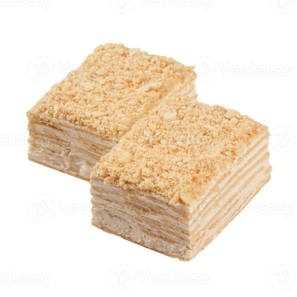 Mille feuille cake Napoleon with butter pastry cream isolated on white photo