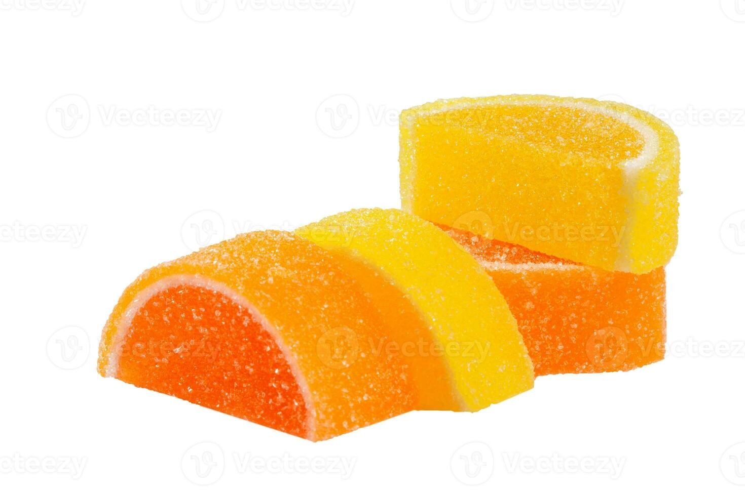 Gummy candies shaped like lemon and orange slices on white background photo