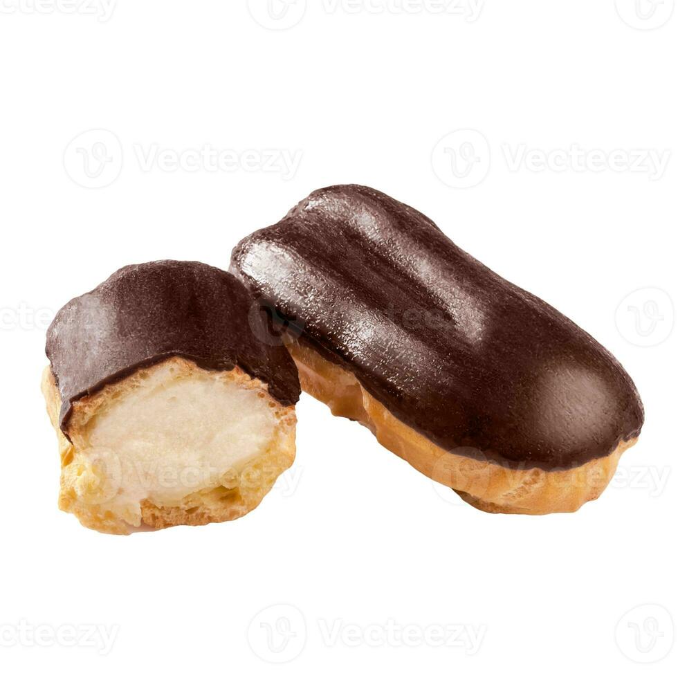 Choux pastry eclair with milk cream custard and chocolate glaze isolated on white photo