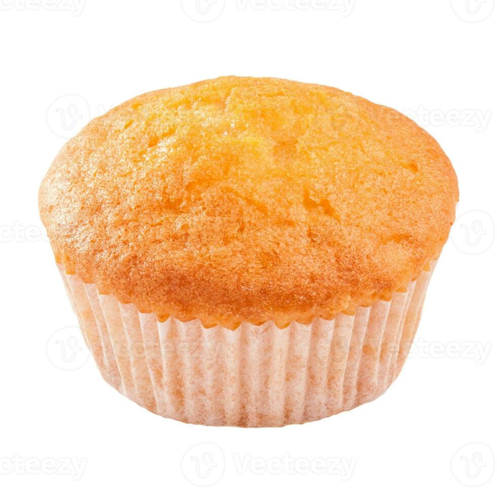 Soft and moist muffin in paper baking cup isolated on white photo