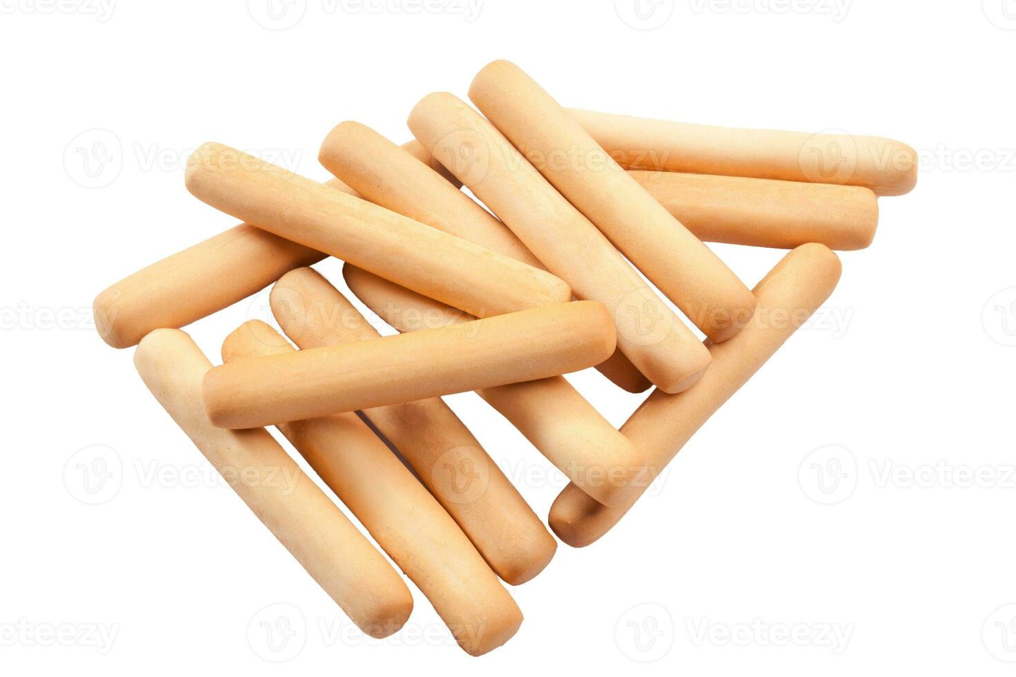 Crispy bread dough crackers formed into sticks shape isolated on white photo