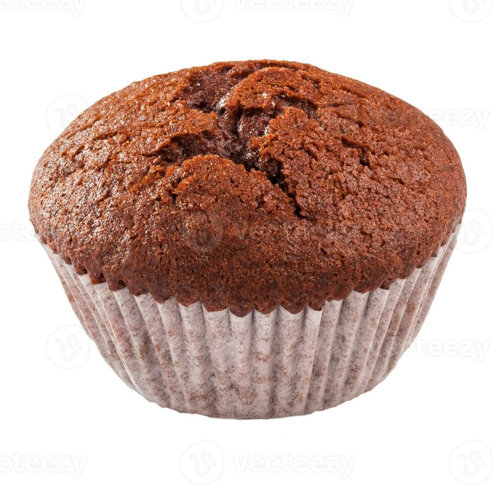 Chocolate muffin in paper baking cup isolated on white background photo