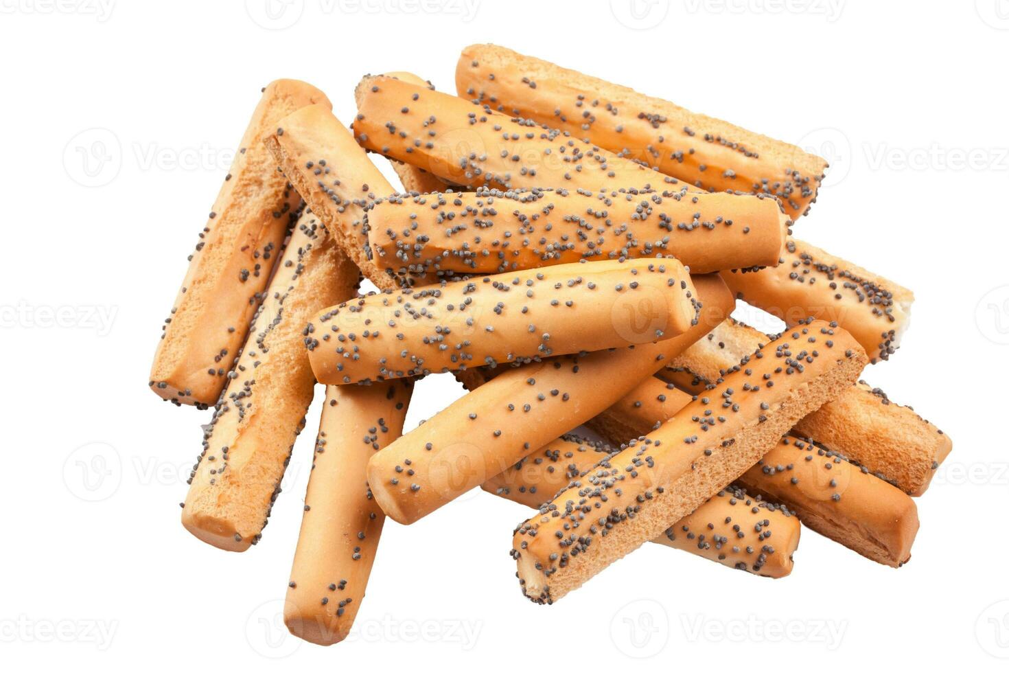 Crispy breadsticks with poppy seeds isolated on white background photo